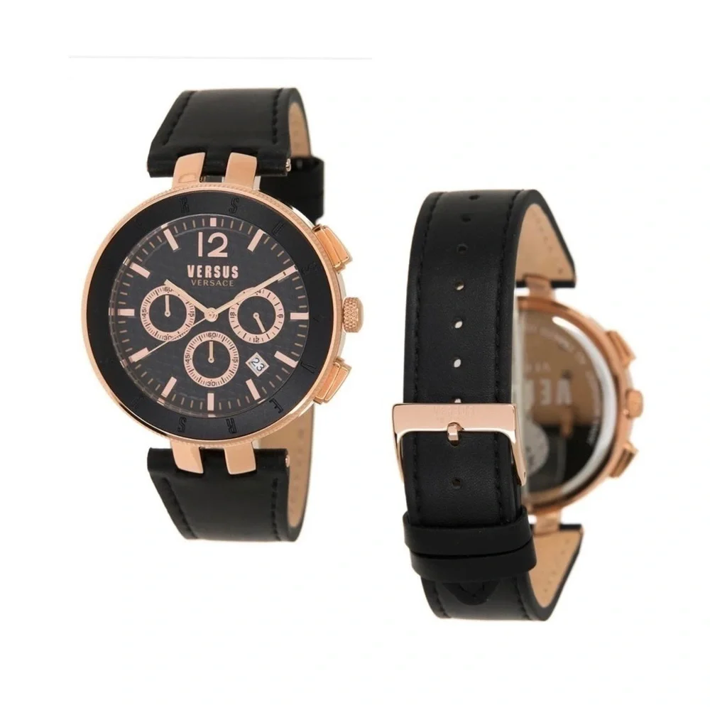 NWT Versus Versace Stainless Steel Chronograph Leather Strap Rose Gold